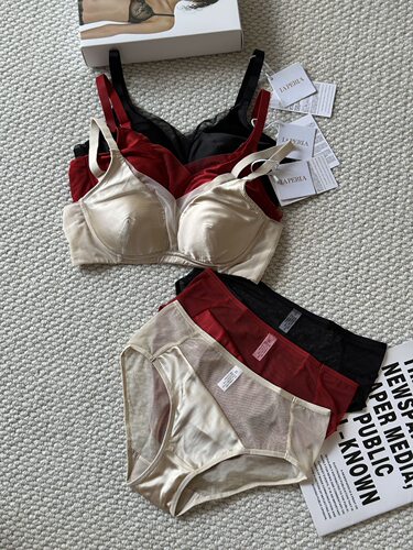 高端货！LP缎面真丝拼接文胸套装女无钢圈聚拢19姆米内衣套装红色