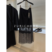 ZURICH 黑色拼蕾丝微透半身裙 性感神秘拼透视蕾丝 HOME 优雅法风