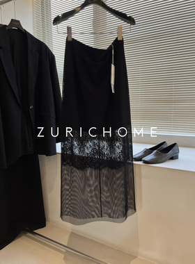ZURICH HOME 优雅法风 性感神秘拼透视蕾丝 黑色拼蕾丝微透半身裙