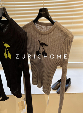 ZURICH HOME MIU系高弹修身 趣味可爱樱桃 圆领长袖 针织衫上衣
