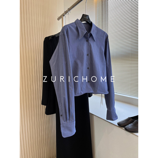 HOME 衬衫 趣味MIU系穿搭 长袖 铝丝下摆自由造型蓝色小短款 ZURICH