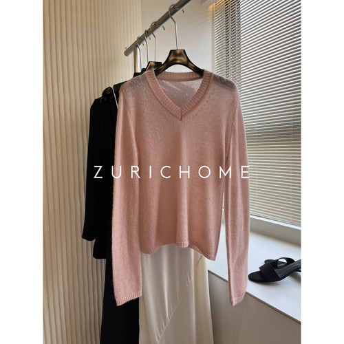 清新哑光桃粉V领长袖针织衫上衣