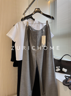孤ZURICH HOME 随兴帅气 MIU系中性 精纺羊毛灰色直桶阔腿裤