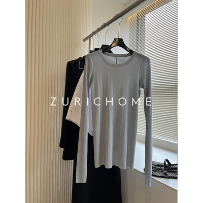 绵软舒适高弹修身长袖坑条T恤