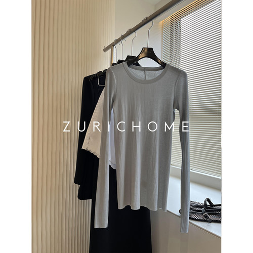 绵软舒适高弹修身长袖坑条T恤