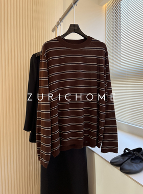 ZURICH HOME MlU系穿搭 洋气复古拼色条纹长袖羊毛套头T恤 针织衫