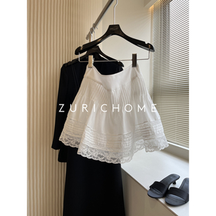 ZURICH HOME 南法浪慢 白色短款拼蕾丝边小短裙半裙 白色棉质短裙