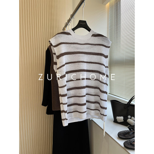 干净清爽条纹亚麻无袖针织背心