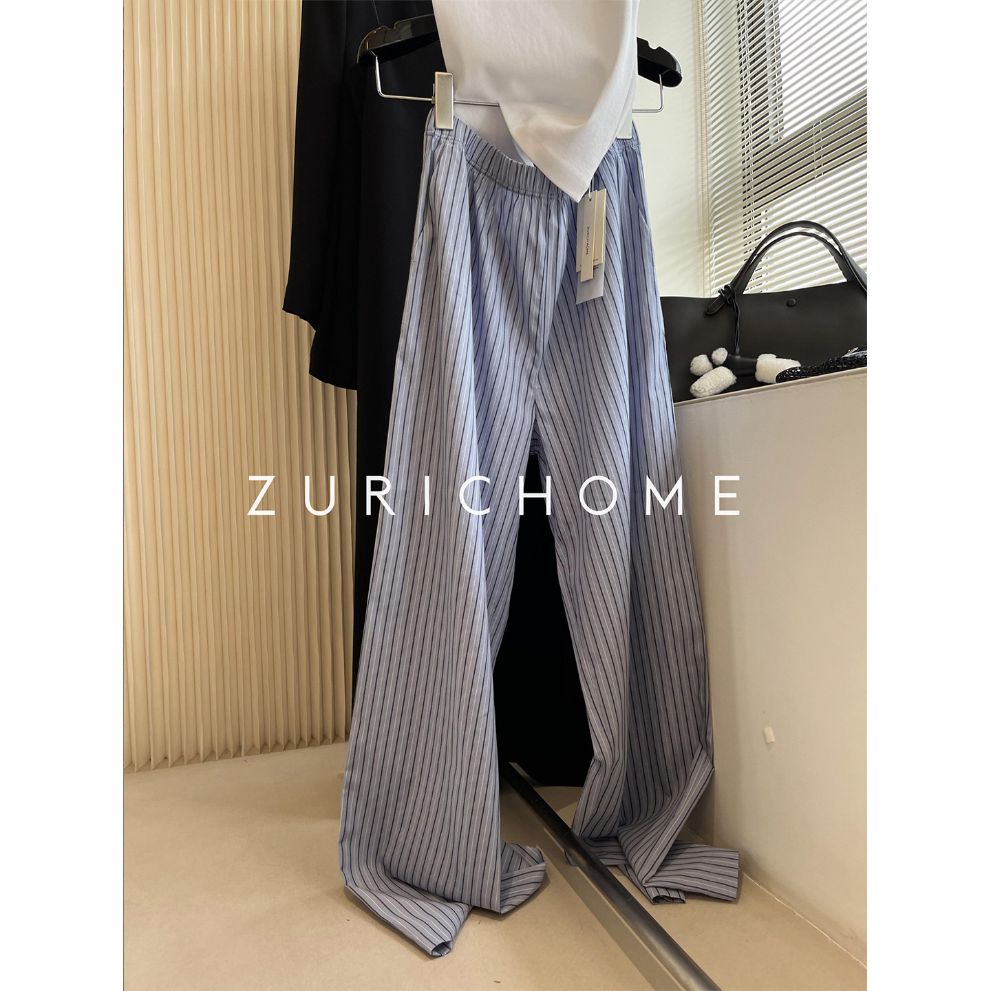孤ZURICH HOME 粉标 慢人松弛大廓型 庸懒宽松蓝色竖纹棉质阔腿裤,女装/女士精品,休闲裤,淘宝优惠券,粉丝福利购,淘宝优惠卷