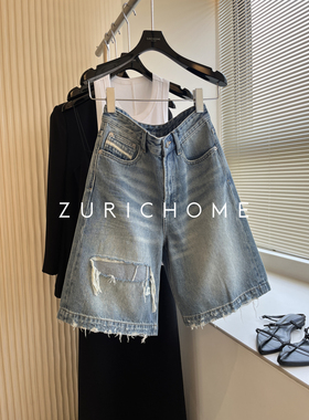 ZURICH HOME 复古松弛 休闲水洗做旧磨边 休闲做旧五分蓝色牛仔裤