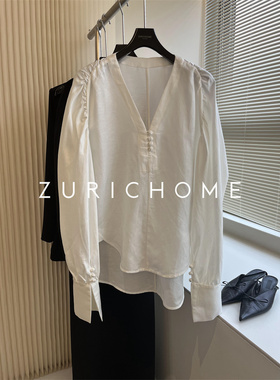 孤春款 禅意国风 新中式白色上衣 v领前短后长盘扣国风麻料小衫