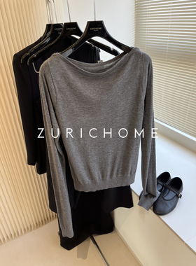 ZURICH HOME 糯软舒适 四季可穿 洋气灰色一字领长袖针织衫上衣
