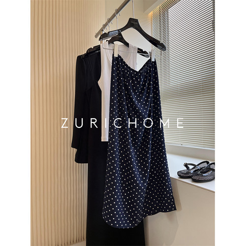 赫夲优雅高智感蓝色波点真丝半裙