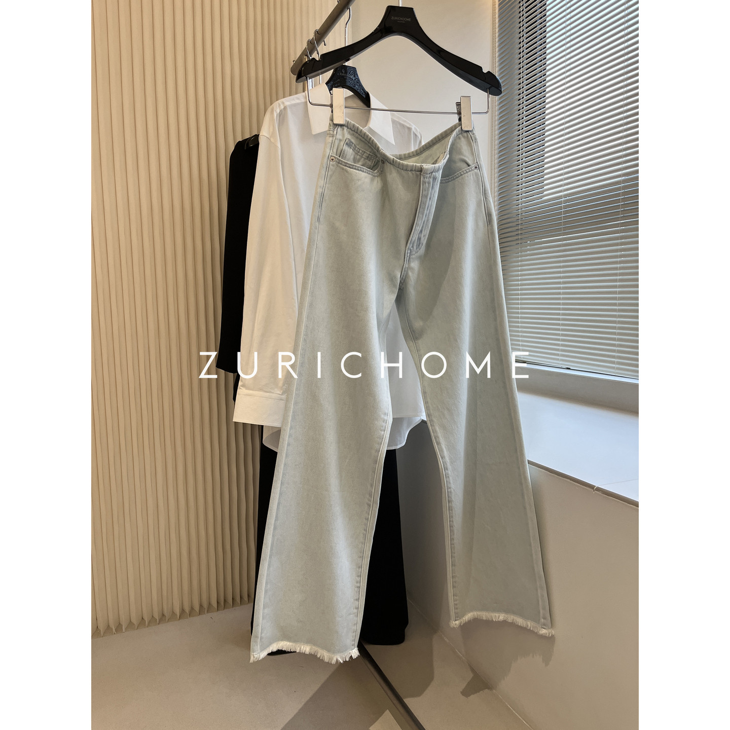 ZURICH HOME 洋气复古水洗浅蓝出游风 流苏裤脚 浅色毛边牛仔裤