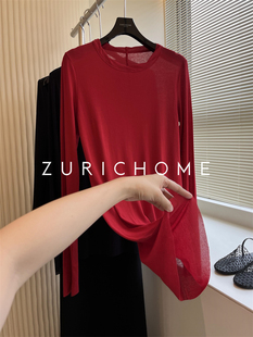 圆领长袖 洋气红 绞花领口轻薄秋款 好面料 高弹T恤 及简不锁边设计
