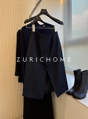 ZURICH HOME Row风 时髦复古及简大气 前开叉蓝色竖纹H型直桶半裙