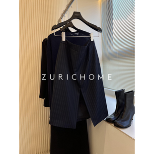 时髦复古及简大气 Row风 前开叉蓝色竖纹H型直桶半裙 HOME ZURICH