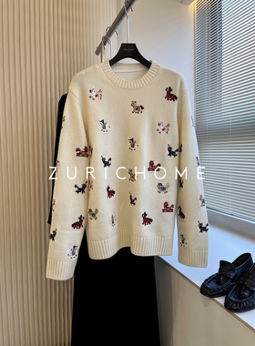 孤ZURICH HOME 洋气可爱 重工刺绣小马 羊毛套头毛衣 配打底T恤