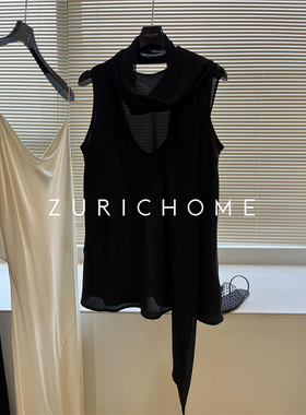 孤优雅气质高及感 轻薄微透内搭外穿 黑色真丝飘带围巾领背心上衣