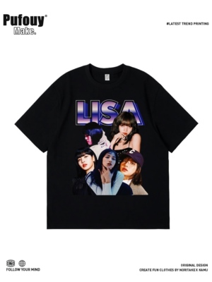 BlackPink女团LISA周边同款印花短袖t恤男女小众复古宽松纯棉上衣