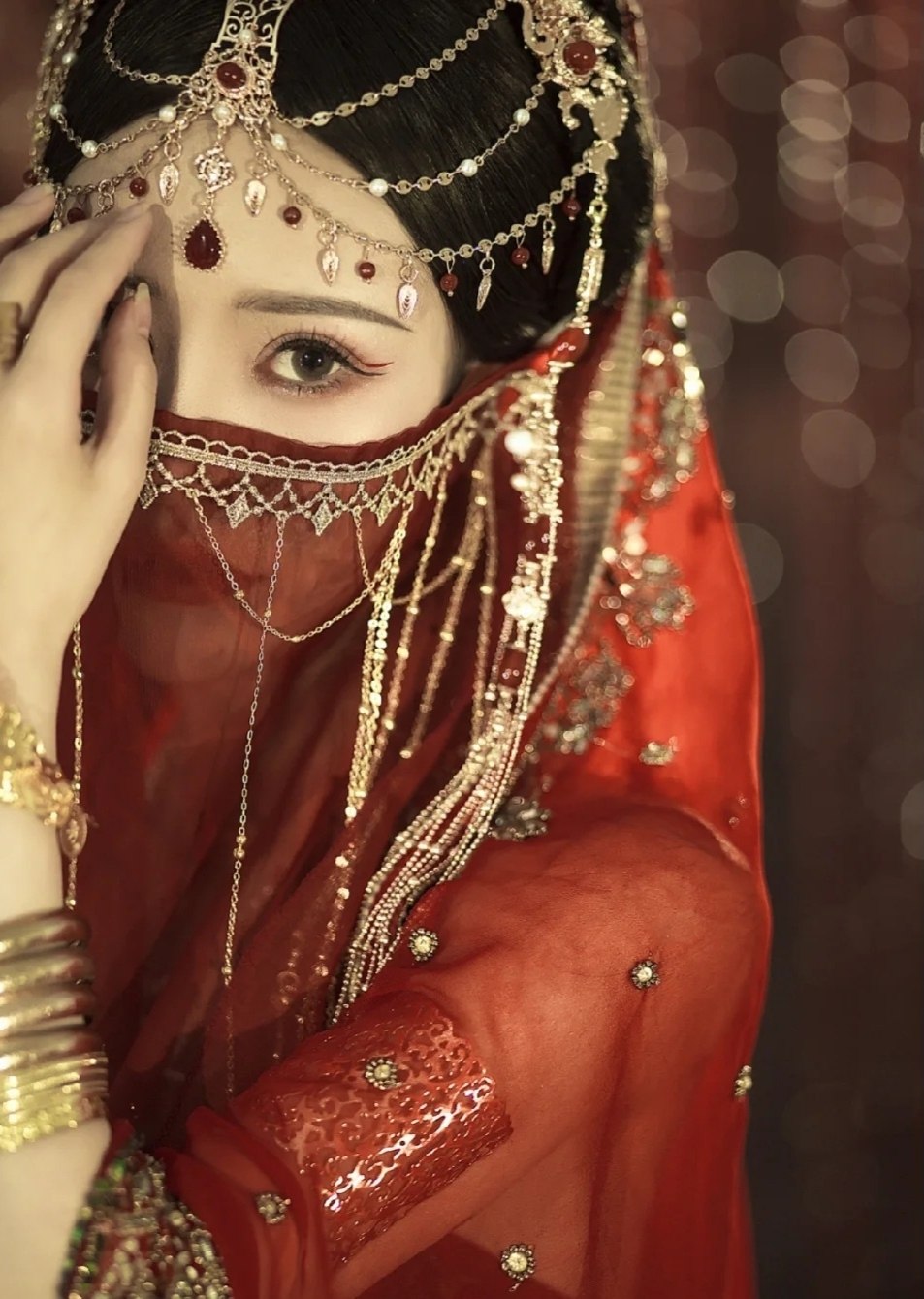 汉服配饰遮脸流苏纱西域舞娘古风红色流苏脸饰异域风情超仙遮面纱