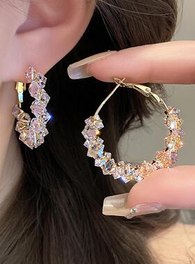 韩系爆闪精致锆石水晶耳环女轻奢小众高级感C形耳圈耳钉网红耳饰