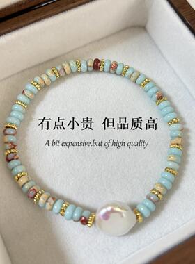 天然寿山石文艺复古森系天然石双圈淡水珍珠复古波西米亚手链