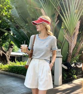新款夏季蓝色撞色拼接条纹T恤女时尚逗号刺绣设计感显瘦上衣
