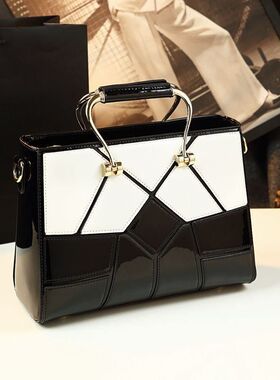 爆款网红包包女2025新款气质拼接手提包真皮女包撞色漆皮斜挎包潮