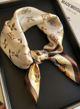 欧式四季精美满印商务真丝桑蚕丝香槟色卷边70方巾丝巾领巾女