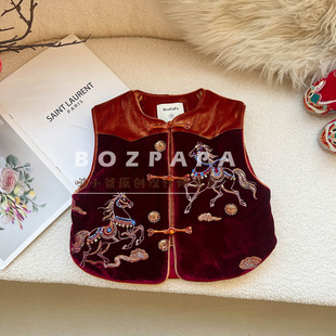 2025冬季新款男童国风棉服儿童宝宝中式金丝绒骏马刺绣加绒马甲