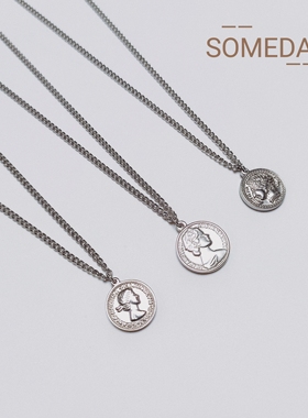 复古保色钛钢女王头像钱币硬币项链女 ins潮幸运币吊坠情侣卫衣链