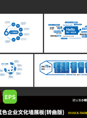 蓝色文化墙展板六项精进标语墙会计7原则京瓷78条哲学AI文件EPS