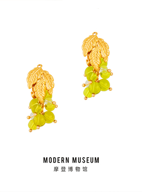 MODERNMUSEUM 绿色耳环女原创设计天然玉石系列金叶子耳坠高级感