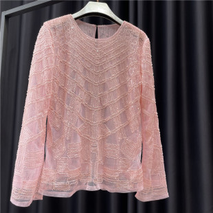 气质粉色上衣钉珠亮片微透显瘦小衫 2021春夏新款 女时尚 网纱衫 长袖