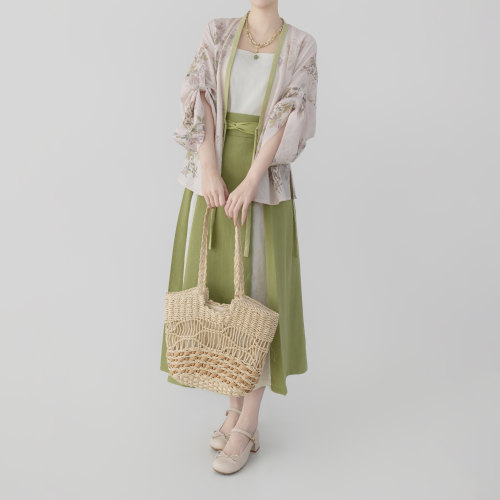 【观止织造｜春晓】宋制汉服对穿交三裥裙绿色印花春夏日常清新风