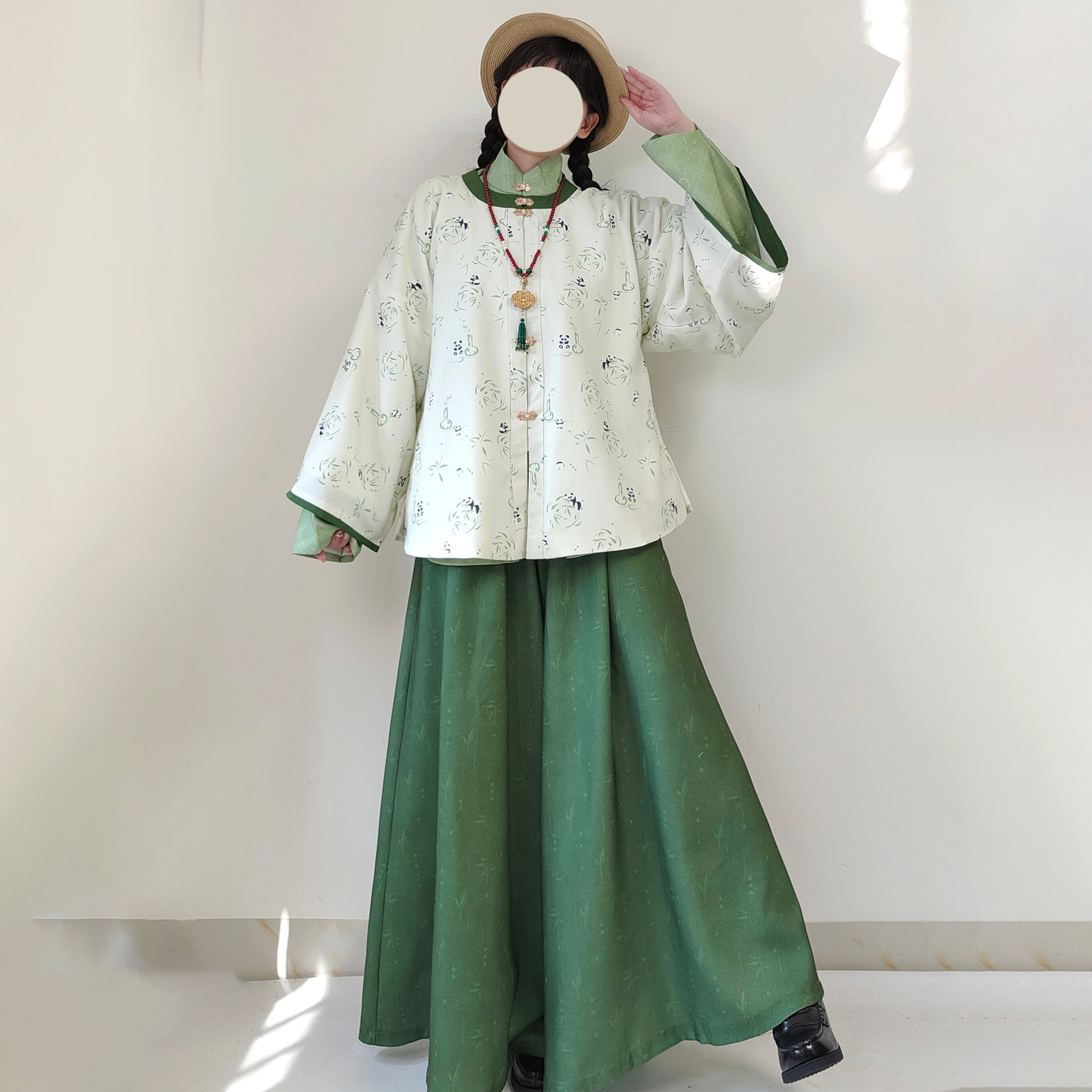 【观止织造｜竹园熊猫】明制汉服圆领袄立领袄裙裤绿色绒秋冬日常