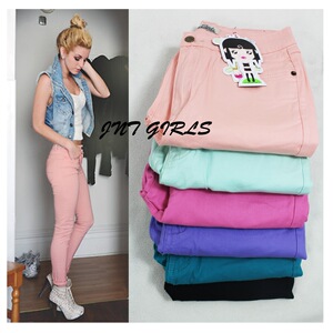 清货春夏大码外贸原单高腰 胖MM冰激凌色彩色弹力小脚裤