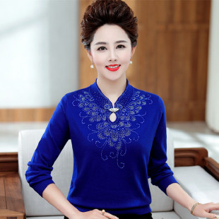 妈妈秋冬宝蓝色中老年人女装毛衣针织羊毛衫克莱因蓝大码中年上衣