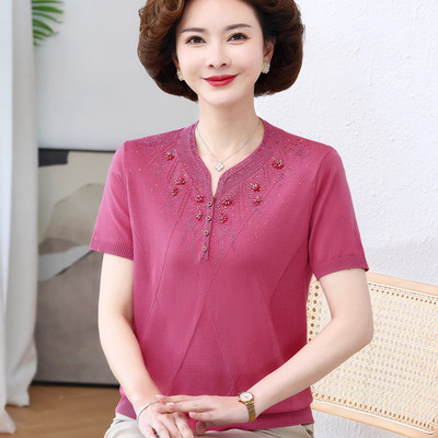 夏季妈妈短袖套装夏天冰丝薄款T恤衫中老年女款新025洋气旗袍上衣