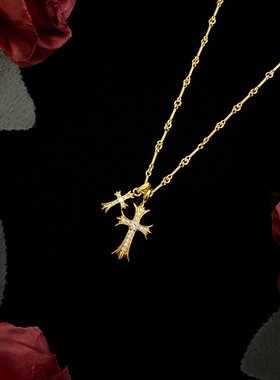 22k金色双十字项链秋冬气质款项链毛衣链