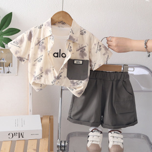 宝宝夏装套装2026新款男童帅气字母衬衫短袖短裤三件套婴儿童装潮