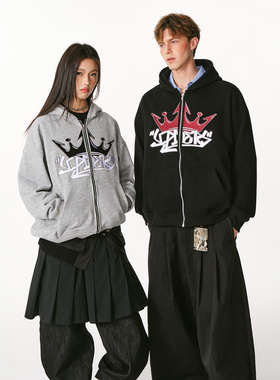 SCPD美式连帽卫衣情侣黑灰高级感刺绣帽衫春秋冬宽松潮牌男女外套