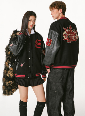 SCPD潮牌字母毛巾绣美式情侣棒球服街头夹克秋冬拼接加厚男女外套