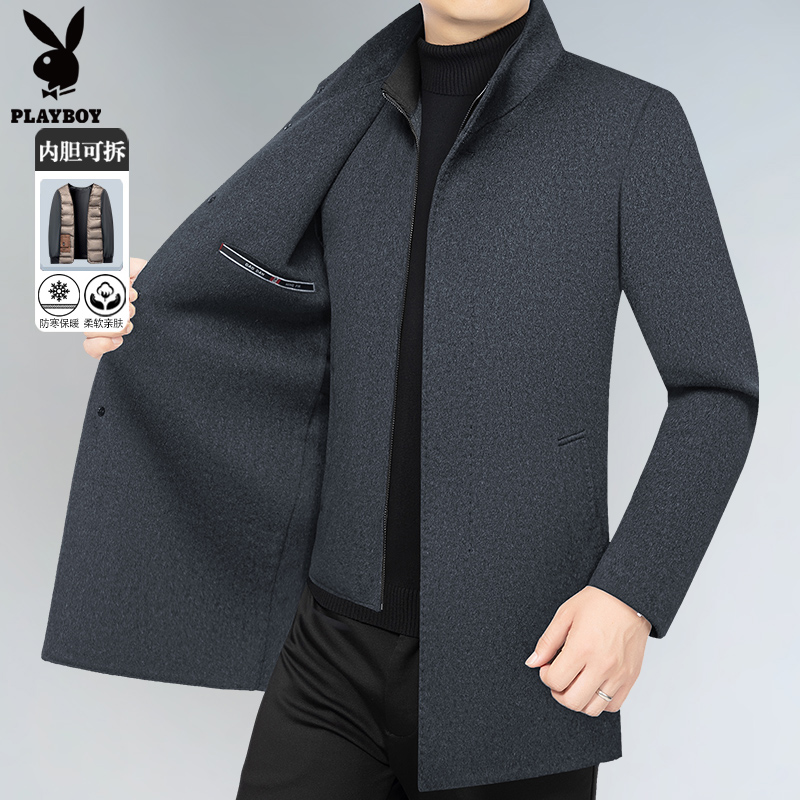 男士加绒加厚中长款毛呢25秋冬新款羊毛呢外套中年高档立领中山装