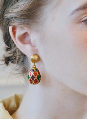 《热气球彩蛋》ntage彩色珐琅耳饰 热气球吊坠法式复古新年礼物