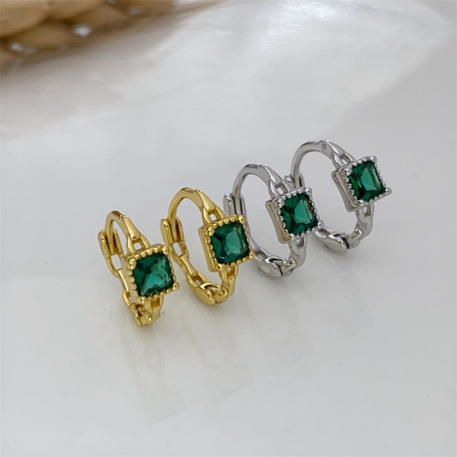 925通体纯银方钻祖母绿耳扣耳环