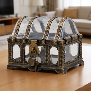 儿童存钱盒带锁证件小箱子儿童金币百宝箱小型透明储物盒演出道具