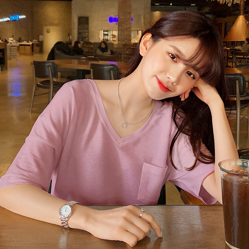 韩都衣舍2020夏装新款女装韩版上衣V领宽松打底短袖T恤GE00008甦