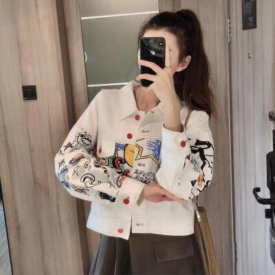 牛仔外套女ins潮个性涂鸦工装夹克宽松韩版学院风炸街外套女短款